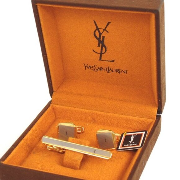 Authentic YVES SAINT LAURENT Cuffs & Tie pin set metal [Used] - Picture 1 of 11